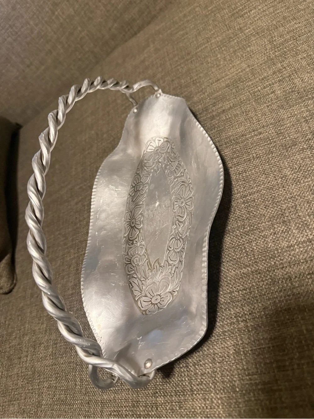 Camper Silver Decorative Floral Metal Basket with Twisted Handle